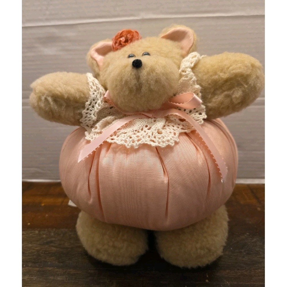 Vintage USA Teddy Bear Plush Pink Satin Puff Dress Lace Trim PA-3979